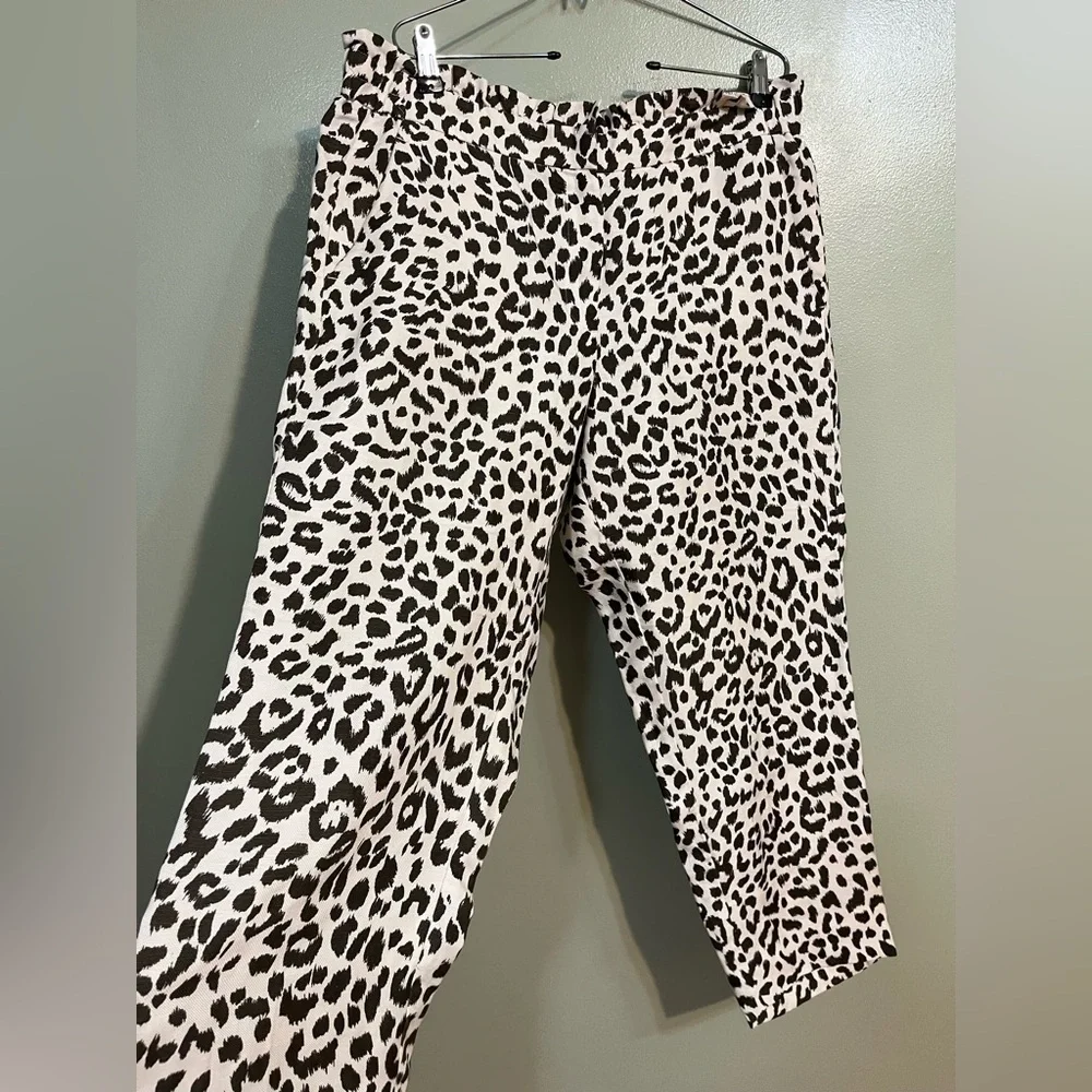 J Crew Womens Leopard Print Crop Ankle Pants Linen Bland Ruffed Waist Size 14